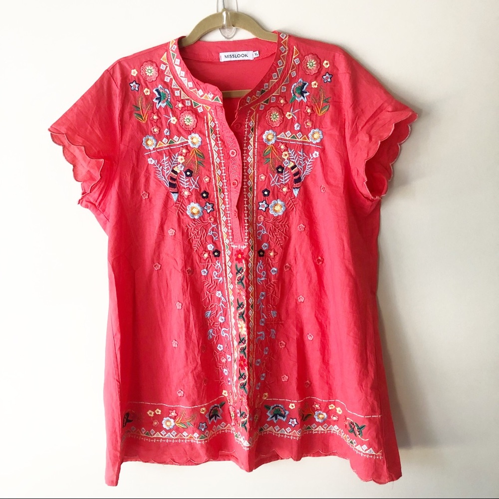MissLook Embroidered Blouse with Scalloped Hem